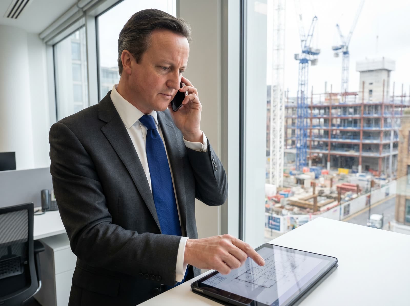 A client reviewing a project on a tablet during a phone call in a smart office overlooking a construction site.