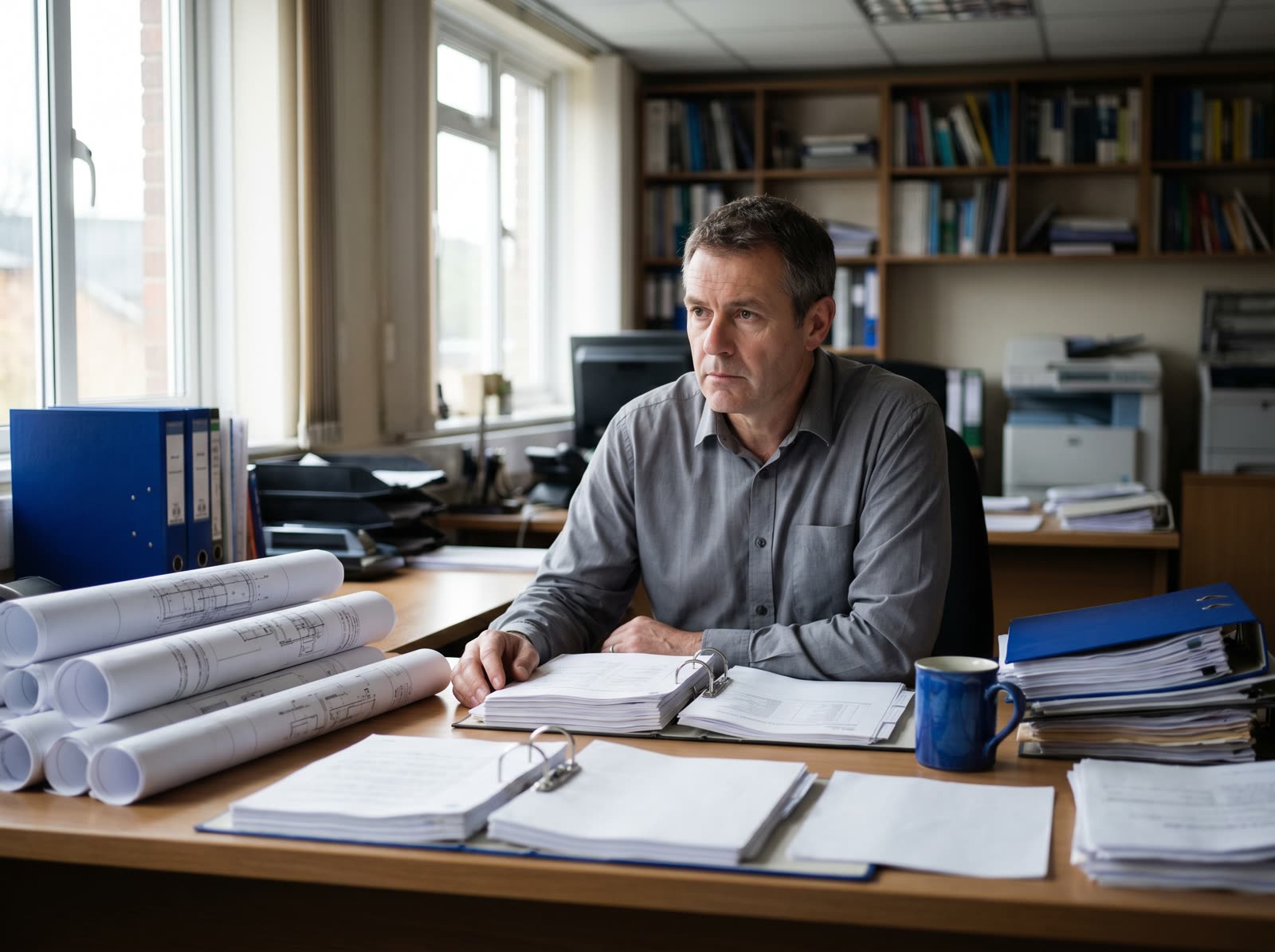 An engineer at a workstation surrounded by drawings, specifications, and rate schedules in a building-services office.