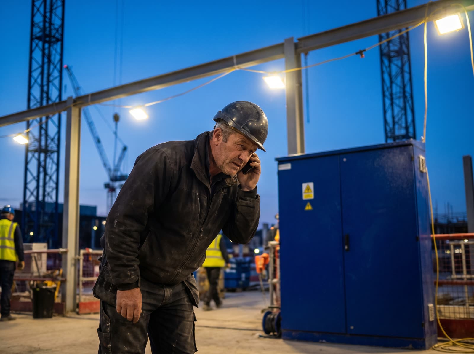 A site supervisor making an evening phone call under work lighting on a construction site.