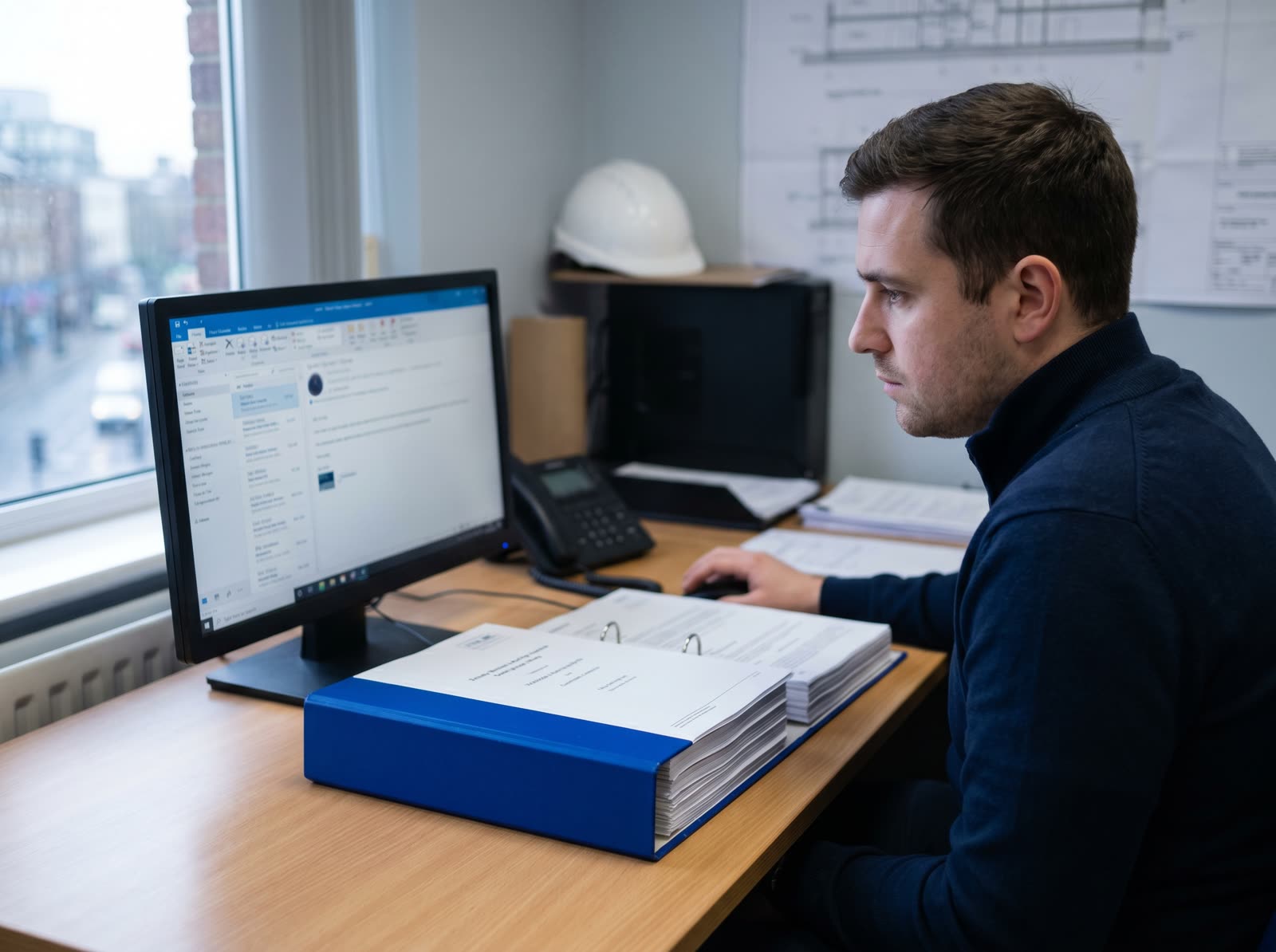 A quantity surveyor at a desk reviewing email and a tender document on two screens in a construction office.