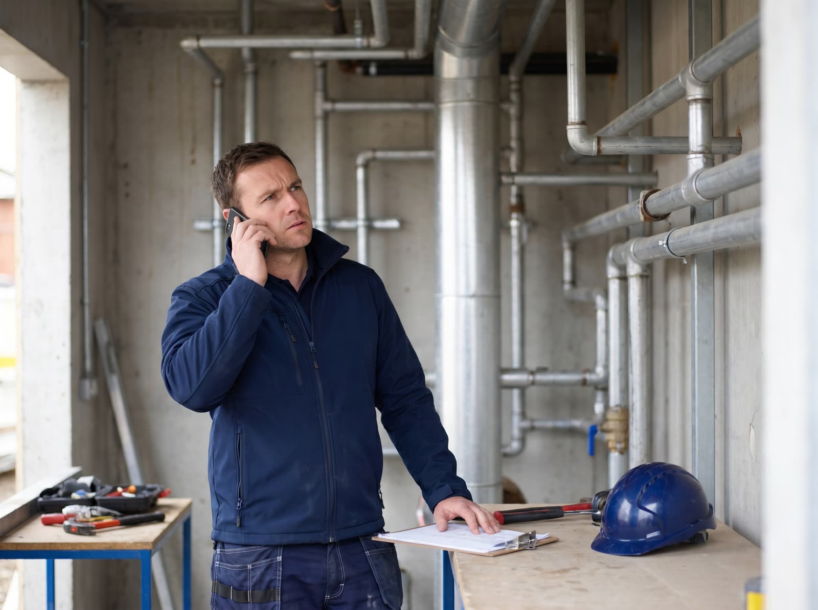 A site engineer in a hi-vis vest taking a call beside a riser on a partly built mechanical plant room.