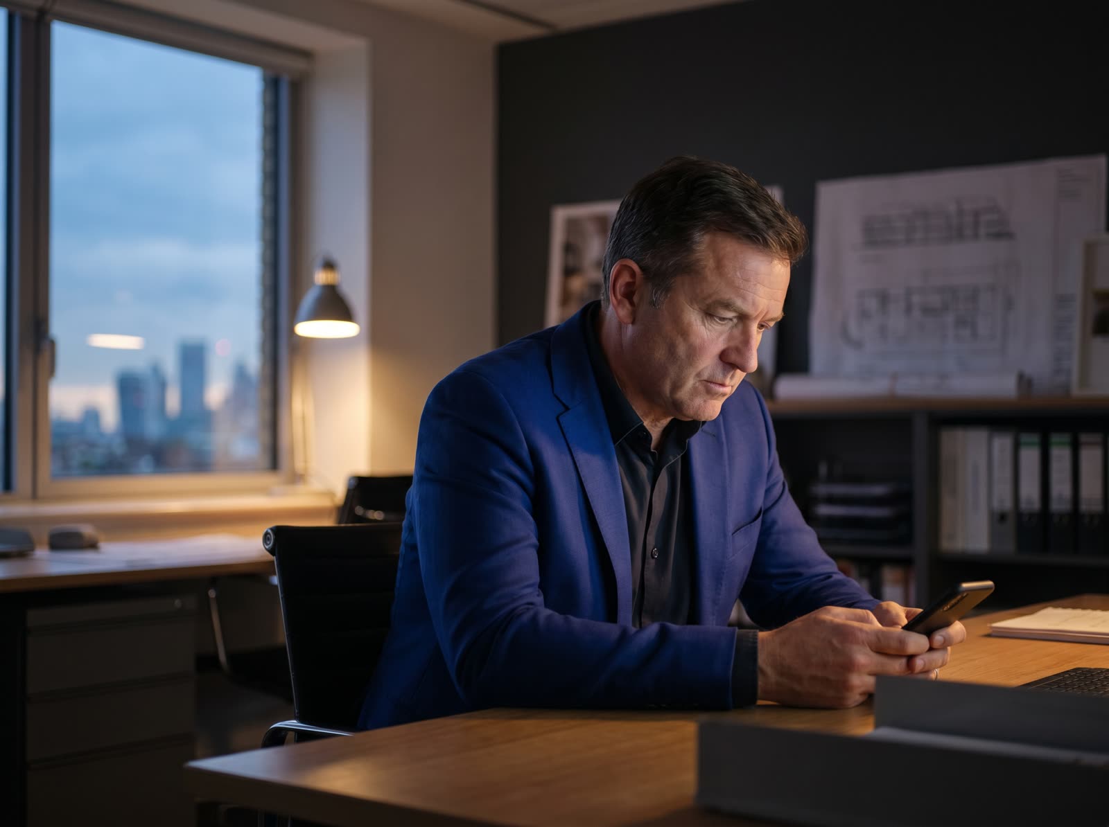 A project owner checking social messages on a phone in the evening at a building-services office.